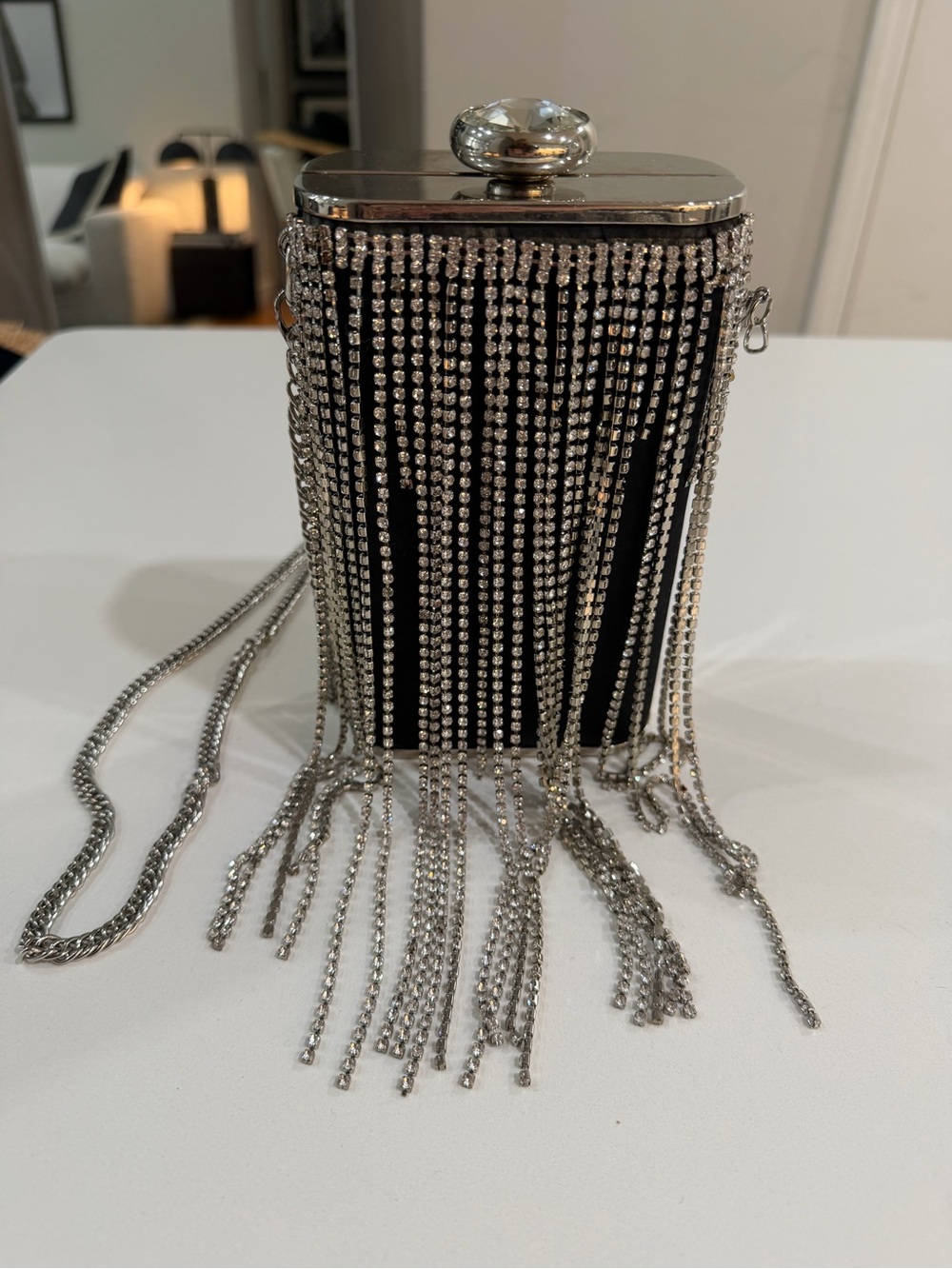 Olga Berg Black Evening Clutch with Silver Crystal Fringe